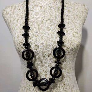 Black Wooden Bead & Hoops Necklace with FREE Earrings (N01)